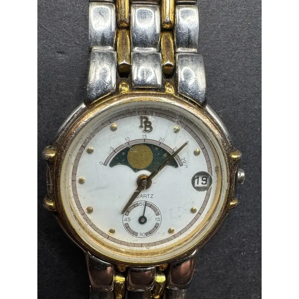 Vintage PB Quartz Moon Phase Date Two Tone Stainless Steel Watch 5ATM